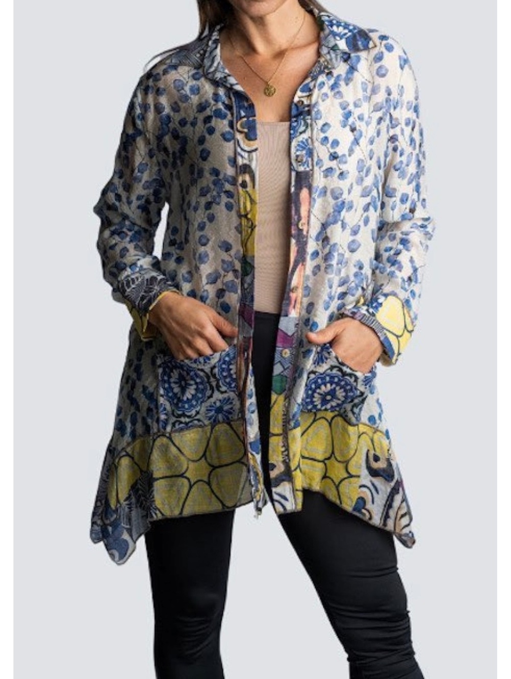 Shana Women’s L Artsy Abstract Floral Button Front Tunic Shirt Boho Colorful